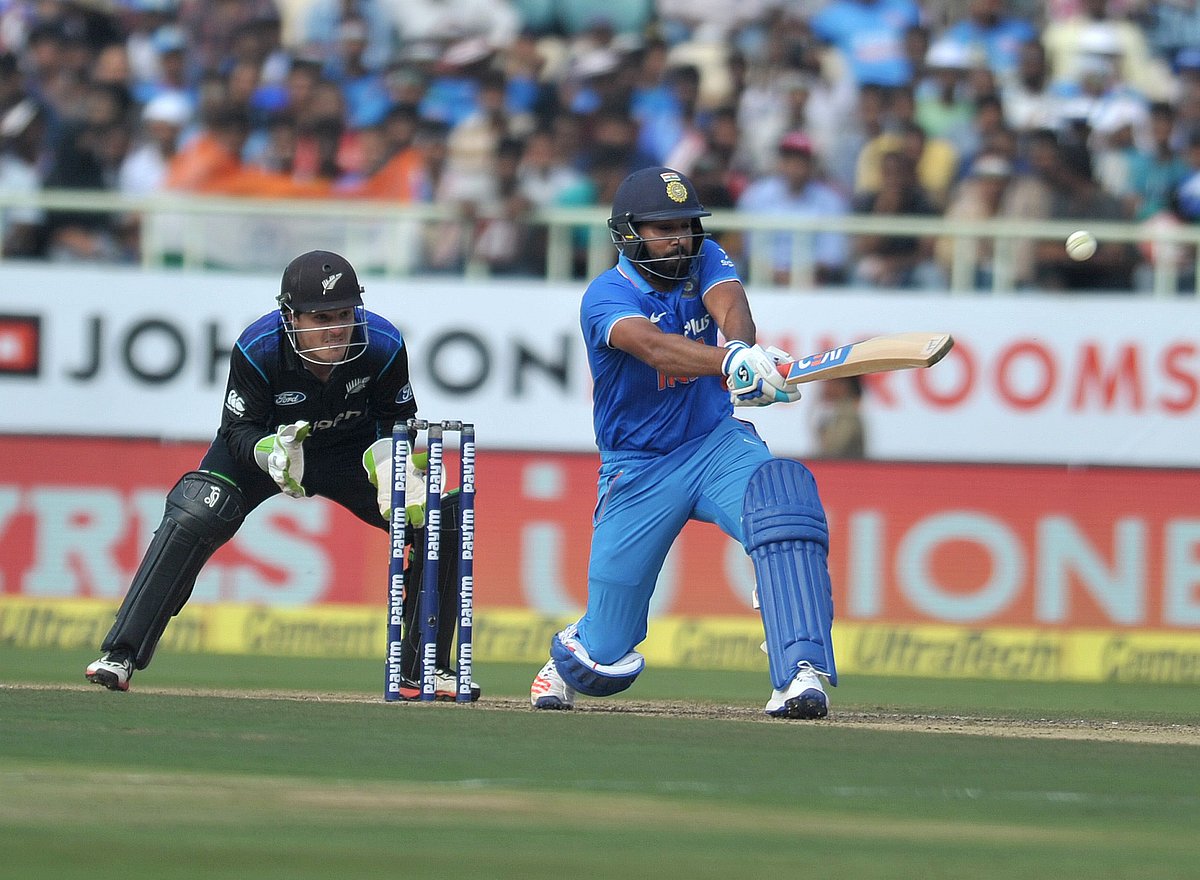 Indian batsman Rohit Sharma plays a shot during the fifth One Day International (ODI) cricket match between India and New Zealand at Dr. Y.S. Rajasekhara Reddy ACA-VDCA Cricket Stadium in Visakhapatnam. Photo: AFP