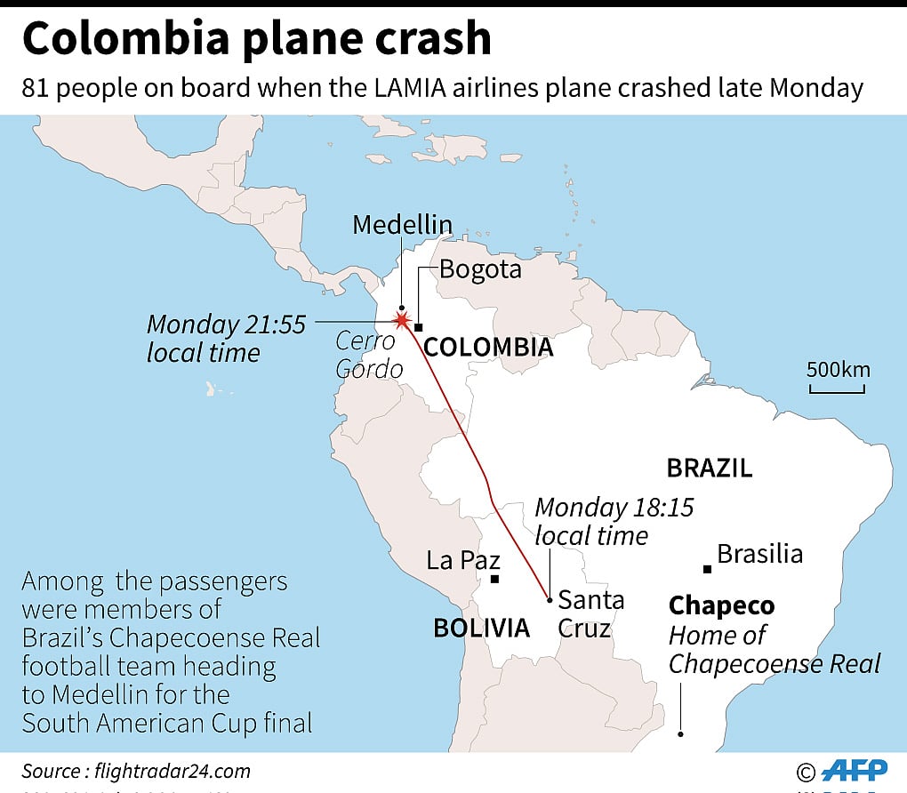 Map showing the flightpath of the LAMIA airlines plane that crashed late Monday with 81 people on board. AFP