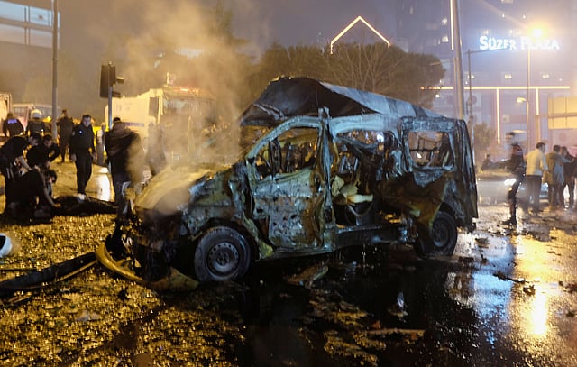 A damaged vehicle is seen after a blast in Istanbul. Reuters