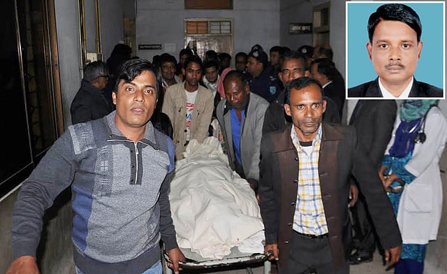Mortal remains of ruling AL MP Manjurul Islam Liton (inset) being taken to Rangpur Medical College Hospital mortuary. Photo: Focus Bangla