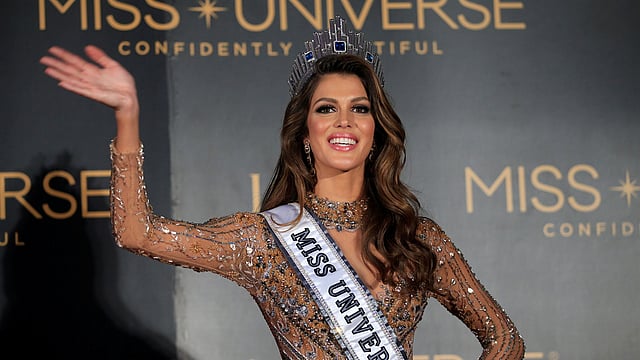 Newly-crowned Miss Universe Iris Mittenaere from France waves during a news conference inside a Mall of Asia arena in metro Manila. Reuters