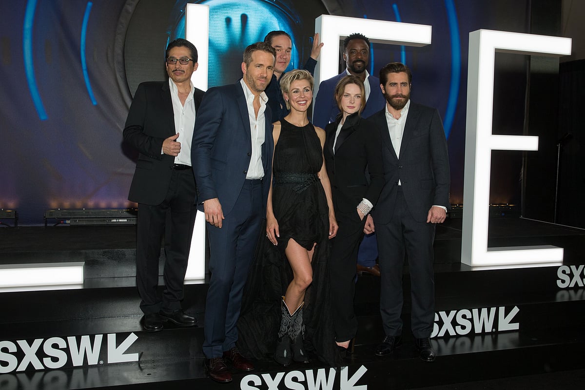 Hiroyuki Sanada, Ryan Reynolds, Daniel Espinosa, Olga Dihvichnaya, Rebecca Ferguson Ariyon Bakare, and Jake Gyllenhaal attend the 'Life' premiere during 2017 SXSW Conference and Festivals at the ZACH Theatre on 18 March, 2017 in Austin, Texas. Photo: AFP