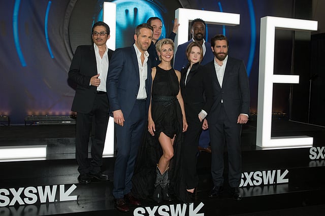 Hiroyuki Sanada, Ryan Reynolds, Daniel Espinosa, Olga Dihvichnaya, Rebecca Ferguson Ariyon Bakare, and Jake Gyllenhaal attend the 'Life' premiere during 2017 SXSW Conference and Festivals at the ZACH Theatre on 18 March, 2017 in Austin, Texas. Photo: AFP