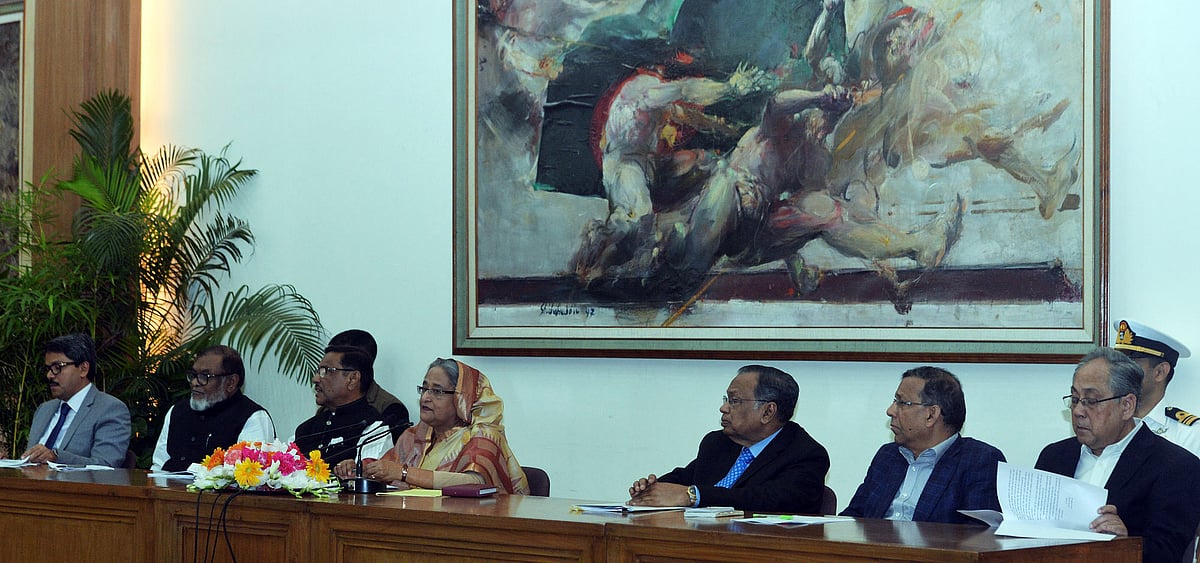 AL president and premier Sheikh Hasina speaks at the press conference at Ganabhaban. Photo: PID