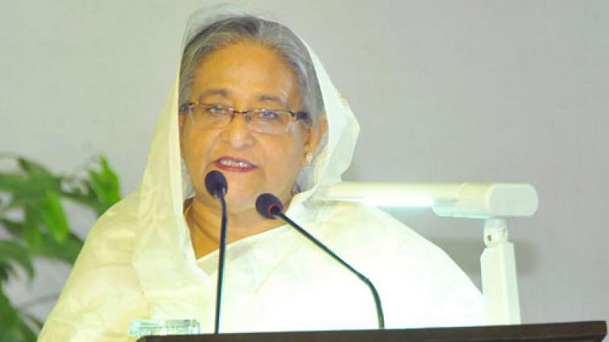 Prime minister Sheikh Hasina addressing a meeting with the alems-ulema of the Qawmi madrasas at Ganabhaban in Dhaka on Tuesday night.