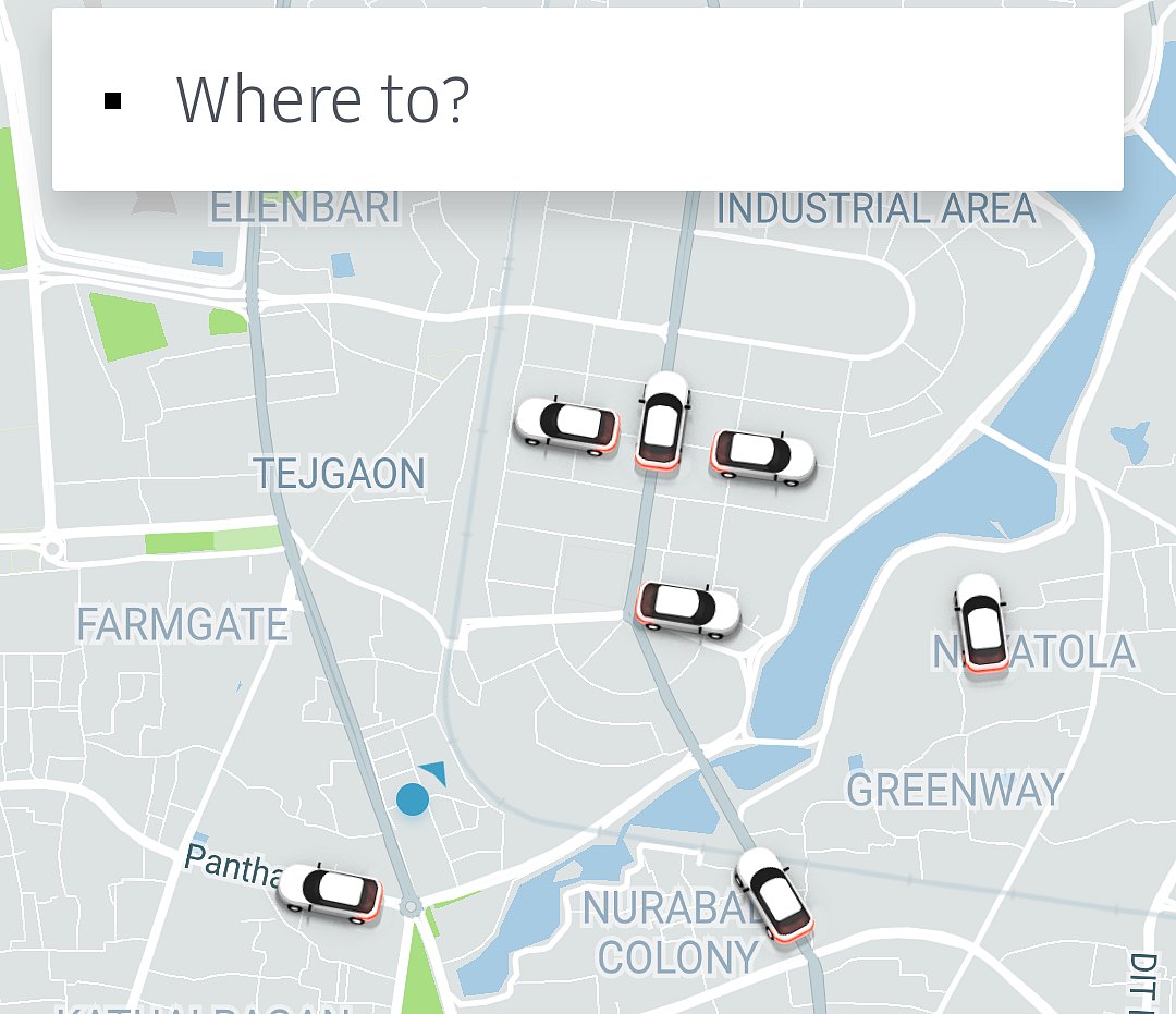 Uber cars are seen on its network in the Karwan Bazar area on Thursday afternoon. Photo: Screen-grab