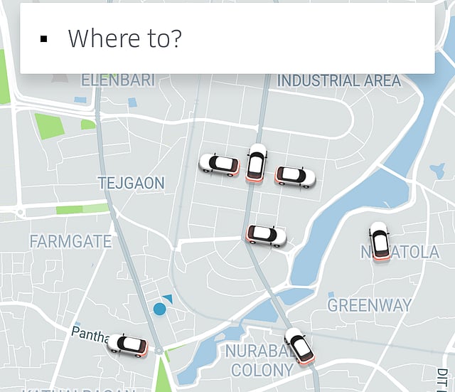 Uber cars are seen on its network in the Karwan Bazar area on Thursday afternoon. Photo: Screen-grab
