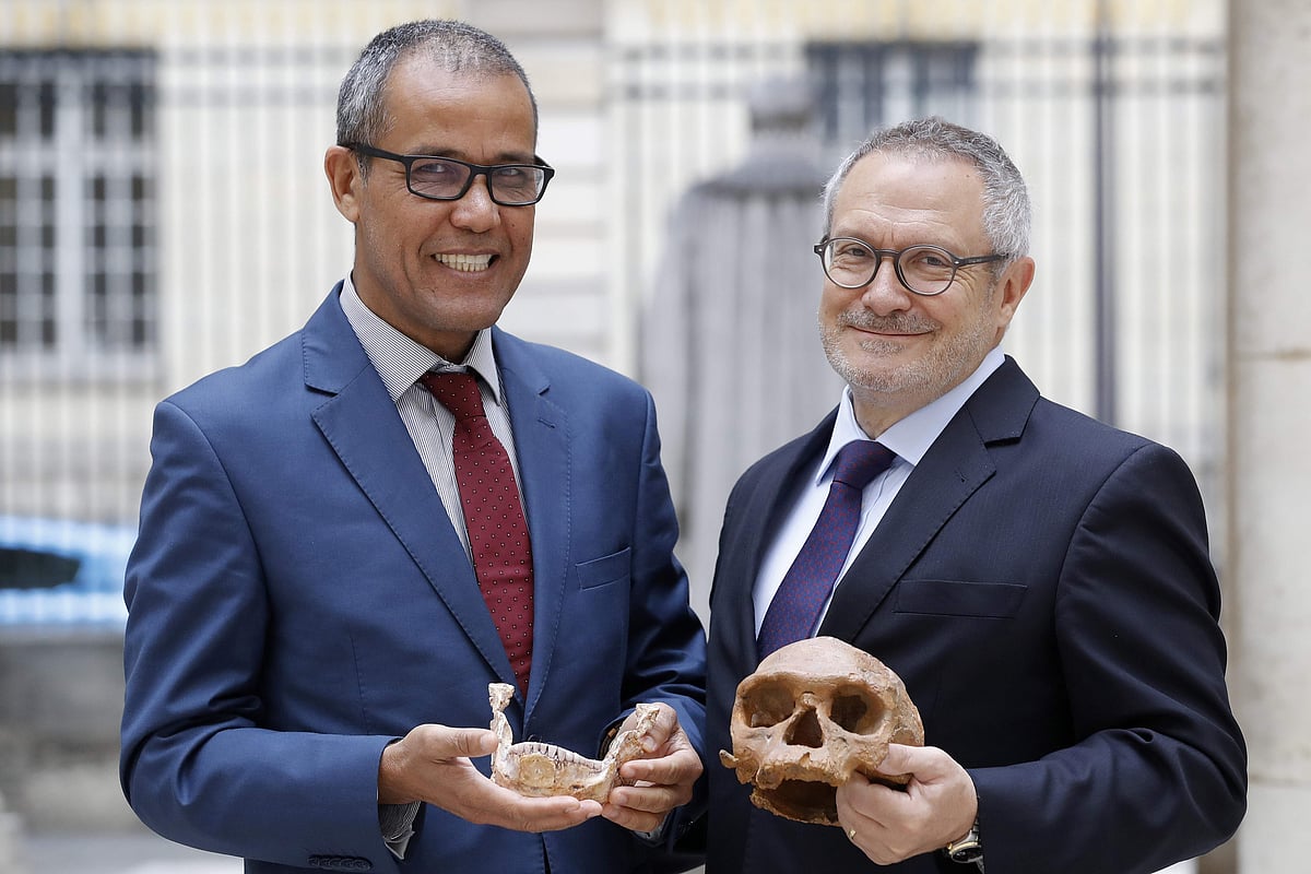 French paleoanthropologist Jean-Jacques Hublin (R) and Abdelouahed Ben-Ncer of the National Institute of Archaeology and Heritage Sciences in Morocco pose with the casting of a skull of Homo Sapiens discovered in Morocco on 6 June, 2017 in Paris. Photo: AFP
