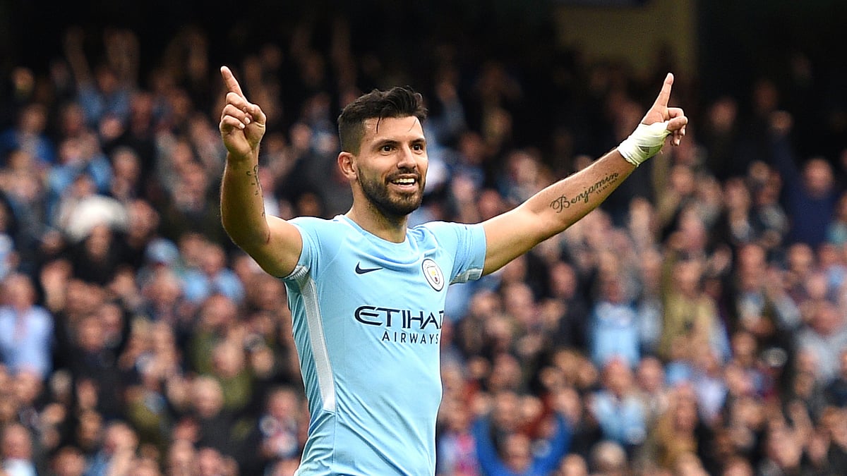 This file photograph taken on 23 September, 2017, shows Manchester City`s Argentinian striker Sergio Aguero as he celebrates after scoring their fourth goal during the English Premier League football match between Manchester City and Crystal Palace at the Etihad Stadium in Manchester, north west England. Photo: AFP