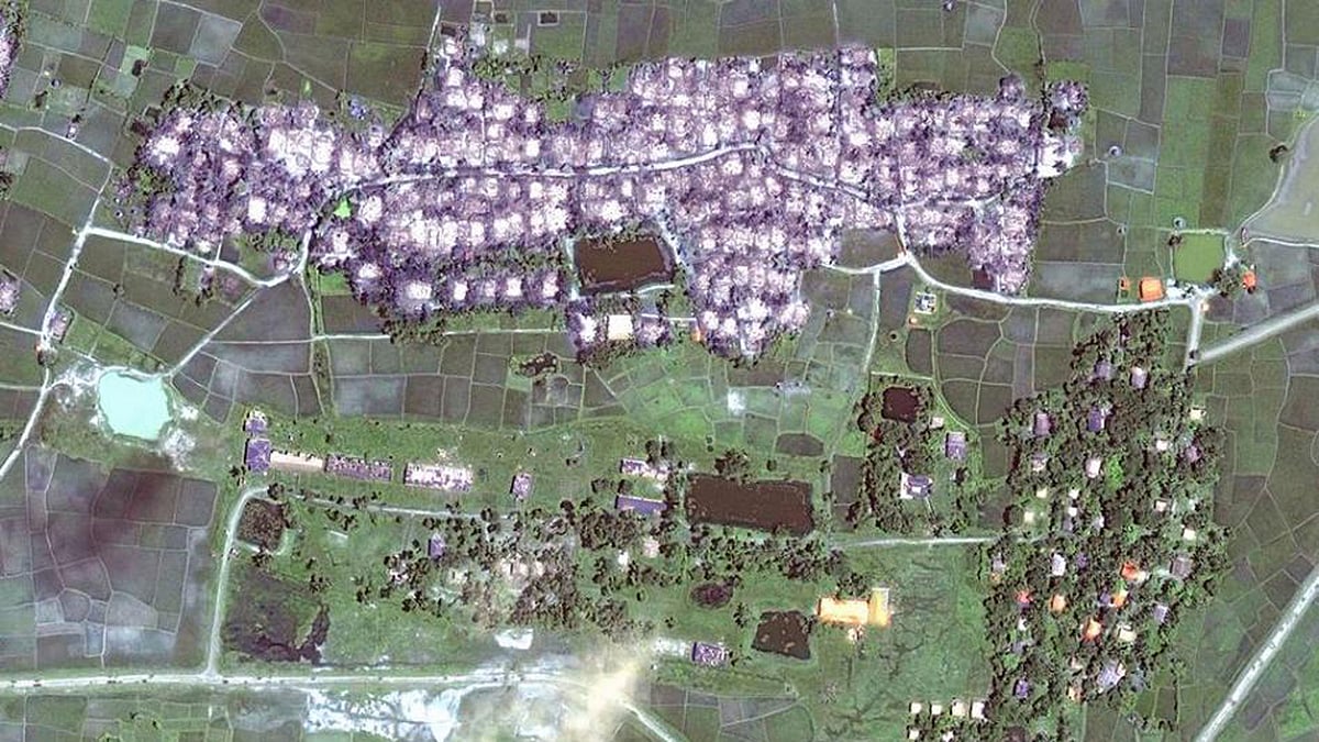 Complete destruction of Rohingya villages in close proximity to intact Rakhine village, Maungdaw township, recorded on 21 September 2017. Photo: Human Rights Watch