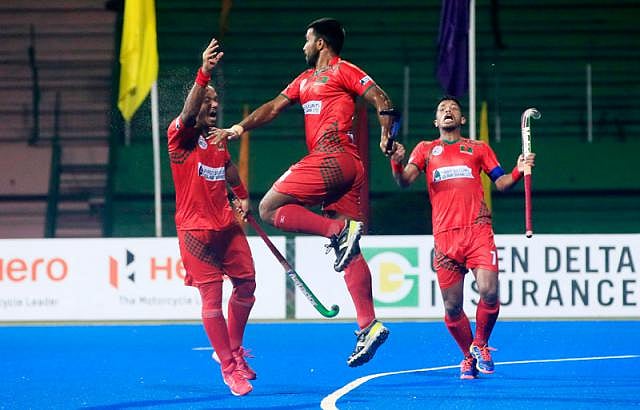 Bangladesh players celebrate after levelling the score 3-3 on Thursday at Maulana Bhashani National Stadium. Photo: Prothom Alo
