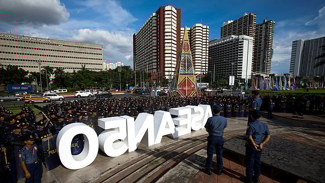 Anti-riot police officers gather near the Cultural Center of the Philippines ahead of ASEAN Summit and related meetings in Manila. Reuters
