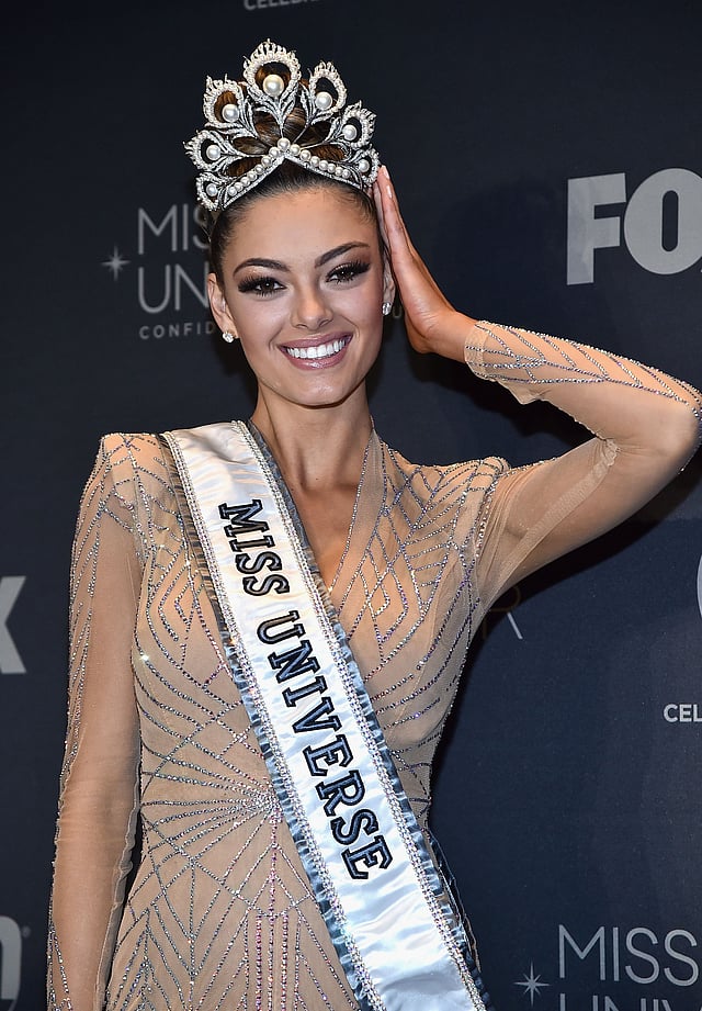 Miss Universe 2017, Demi-Leigh Nel-Peters, appears in the press room after the 2017 Miss Universe Pageant at The Axis at Planet Hollywood Resort & Casino on 26 November 2017 in Las Vegas, Nevada. Photo: AFP