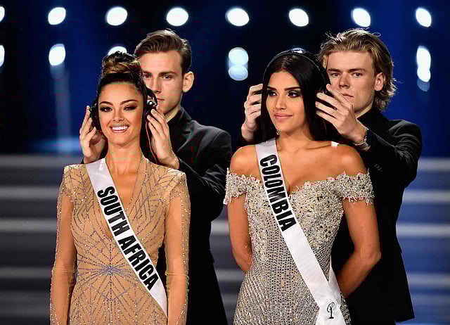 Miss South Africa 2017, Demi-Leigh Nel-Peters, (L) and Miss Colombia 2017 Laura Gonzalez compete during the interview portion of the 2017 Miss Universe Pageant at The Axis at Planet Hollywood Resort & Casino on 26 November, 2017 in Las Vegas, Nevada. Photo: AFP