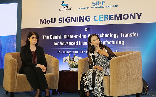 Corporate vice president for Novo Nordisk’s Oceania and South East Asia regions Sebnem Avsar Tuna looks on as managing director and CEO of Eskayef Pharmaceuticals Simeen Hossain speaks to Prothom Alo. Photo: Zahidul Karim