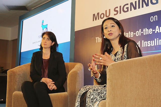 Corporate vice president for Novo Nordisk’s Oceania and South East Asia regions Sebnem Avsar Tuna looks on as managing director and CEO of Eskayef Pharmaceuticals Simeen Hossain speaks to Prothom Alo. Photo: Zahidul Karim