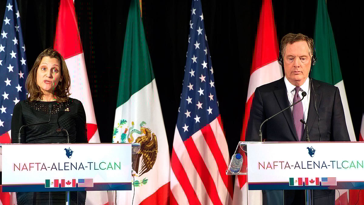 Canadian Foreign Affairs minister Chrystia Freeland (L) speaks as US Trade Representative Robert Lighthizer looks on at the closing of the NAFTA meetings in Montreal, Quebec on 29 January 2018. Photo: AFP
