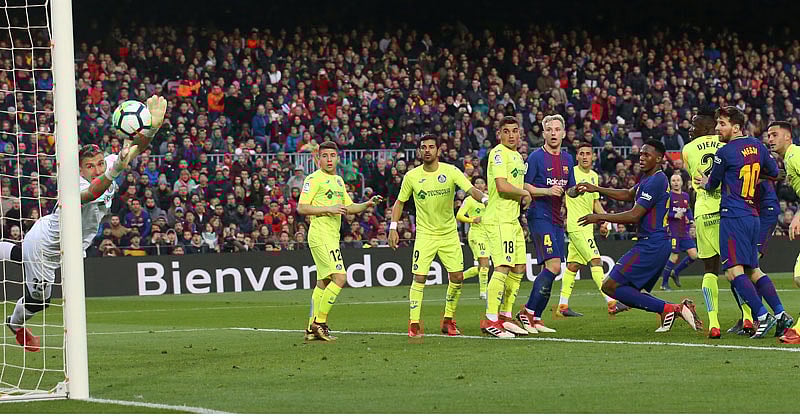 Getafe’s Vicente Guaita makes a save from Barcelona’s Lionel Messi at the Camp Nou, Barcelona, Spain on 11 February 2018. Reuters