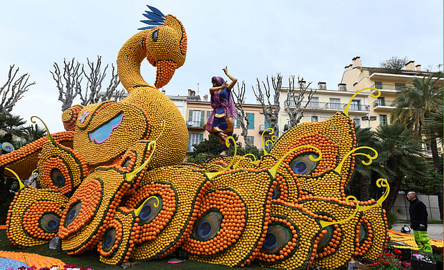 A sculpture made with lemons and oranges which depicts a Bollywood scenery with traditional dancer is seen during the 85th Lemon festival around the theme “Bollywood” in Menton, France on 15 February. Photo: Reuters