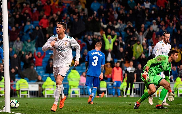 Real Madrid’s Portuguese forward Cristiano Ronaldo celebrates a goal during the Spanish league football match Real Madrid CF against Getafe CF at the Santiago Bernabeu stadium in Madrid on Saturday. Photo: AFP