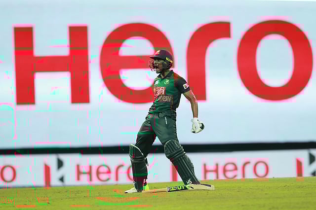 An ecstatic Mahmudullah celebrates hitting the match-winning six. Photo: Shamsul Haque