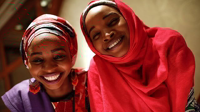 Hauwa (L) and Ya kaka, identified only by their first names, former captives of Boko Haram militants in Nigeria and now acting as advocates speaking out on behalf of other captives and survivors, pose for a portrait after they appeared on a panel dealing with issues of violence against women in New York City, US on 13 March. Photo: Reuters