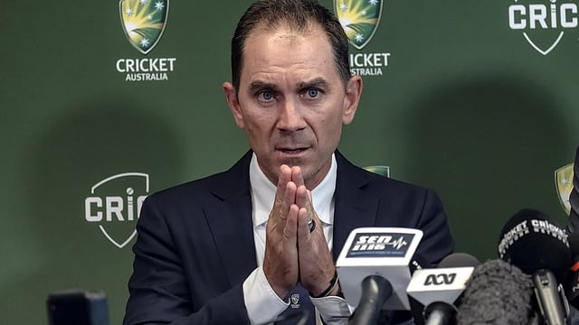 Justin Langer speaks to the media in Melbourne, Australia, on 3 May 2018. Reuters