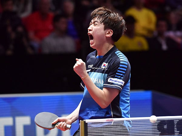 South Korea`s Jung Young-Sik celebrates after winning over Japan`s Jun Mizutani their men`s quarter final Korea versus Japan at the World Team Table Tennis Championships 2018 in Halmstad, Sweden, on 4 May, 2018. Photo: AFP