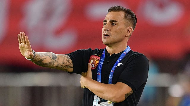 Tianjin Quanjian`s head coach Fabio Cannavaro gestures during the AFC Champions League round of 16 football match against China`s Guangzhou Evergrande on May 15. AFP