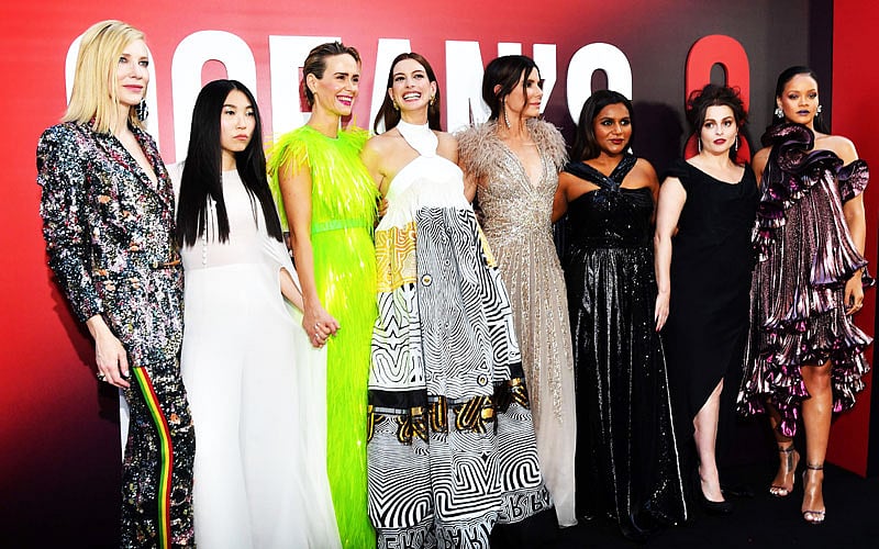 Australian actress Cate Blanchett (L), rapper/actress Awkwafina (2nd from L), actress Sarah Paulson (3rd from L), actress Anne Hathaway (4th from L), actress Sandra Bullock (4th from R), actress Mindy Kaling (3rd from R), British actress Helena Bonham Carter (2nd from R) and singer/actress Rihanna (R) attend the World Premiere of OCEAN’S 8 5 June, 2018 in New York. Photo: AFP