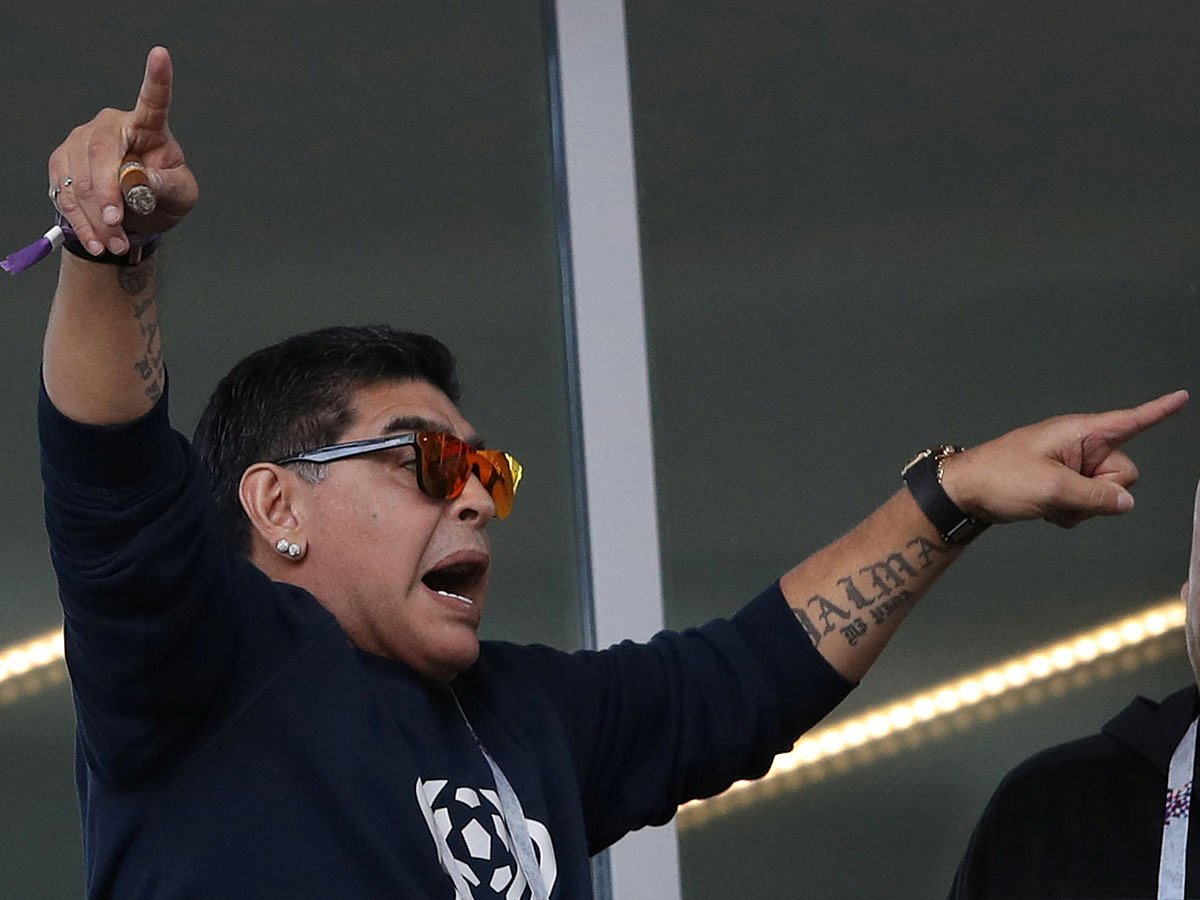 Former Argentina player Diego Maradona watches Argentina vs Iceland from the stand. Photo: Reuters