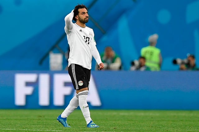 Egypt`s forward Mohamed Salah reacts after the final whistle of the Russia 2018 World Cup Group A football match between Russia and Egypt at the Saint Petersburg Stadium in Saint Petersburg on 19 June 2018. Photo: AFP