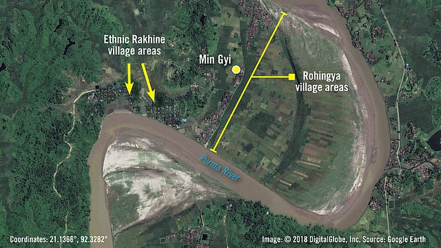 A satellite image taken on 24 September 2017 and provided by Amnesty International on 26 June 2018 shows what they describe as the geography of Myanmar`s Min Gyi village, divided between a Rohingya area surrounded by the Purma River on the north, east, and south, and an ethnic Rakhine area to the west. Photo: Reuters