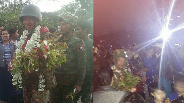 WARM WELCOME: The divisions that led the crackdown were greeted as heroes back home in central Myanmar. Photos posted on Facebook show Sai Sitt Thway Aung and other 99th soldiers returning to base in Meiktila in December; and a 33rd homecoming in Shwebo. Photo: Reuters/Facebook