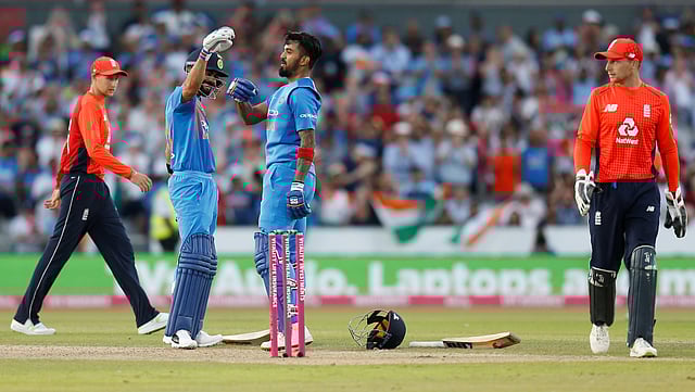 India`s KL Rahul celebrates after reaching a century in the first International T20 against England at Emirates Old Trafford, Manchester, Britain on 3 July 2018. Photo: Reuters