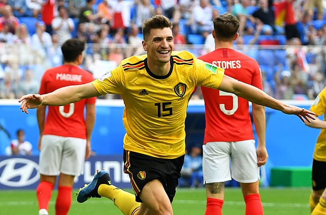 Belgium`s Thomas Meunier celebrates scoring their first goal against England at Saint Petersburg Stadium, Saint Petersburg, Russia on 14 July, 2018. Photo: Reuters