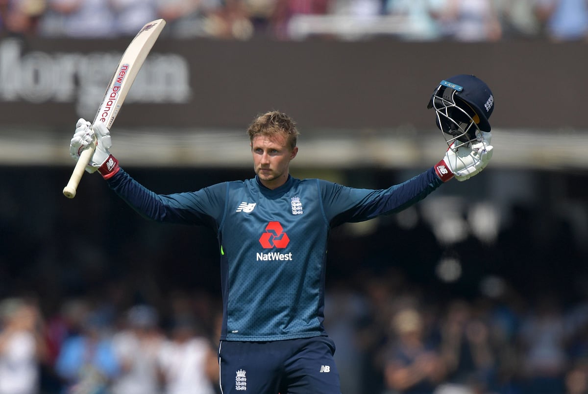 England`s Joe Root celebrates scoring his century during the second One Day International (ODI) cricket match between England and India, at Lord`s Cricket Ground in London on 14 July, 2018. Photo: AFP
