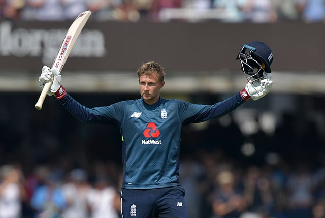 England`s Joe Root celebrates scoring his century during the second One Day International (ODI) cricket match between England and India, at Lord`s Cricket Ground in London on 14 July, 2018. Photo: AFP