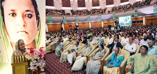 Prime minister Sheikh Hasina addresses a function marking the 88th birth anniversary of Bangamata Sheikh Fazilatun Nesa Mujib at Bangabandhu International Conference Centre (BICC) in Dhaka on Wednesday. Photo: PID