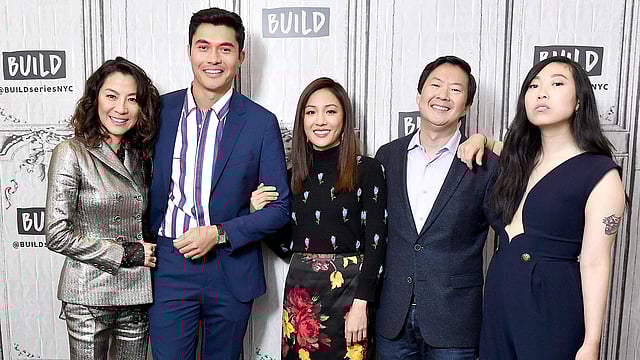 (L-R) Actors Michelle Yeoh, Henry Golding, Constance Wu, Ken Jeong and Nora Lum, aka Awkwafina visit Build to discuss the movie `Crazy Rich Asians` at Build Studio on 14 August 2018 in New York City. -- Photo: AFP