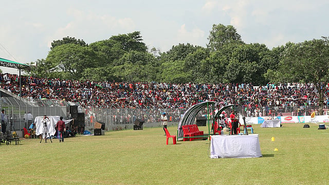 A section of the jam-packed Sheikh Kamal Stadium in Nilphamari during the friendly football match between Bangladesh and Sri Lanka on Wednesday. Photo: Prothom Alo