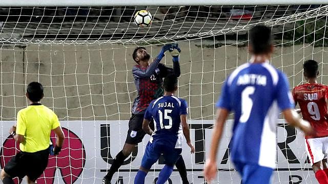 Bangladesh concede their first goal as goalkeeper Sohel has made a silly mistake. Photo: Shamsul Haque