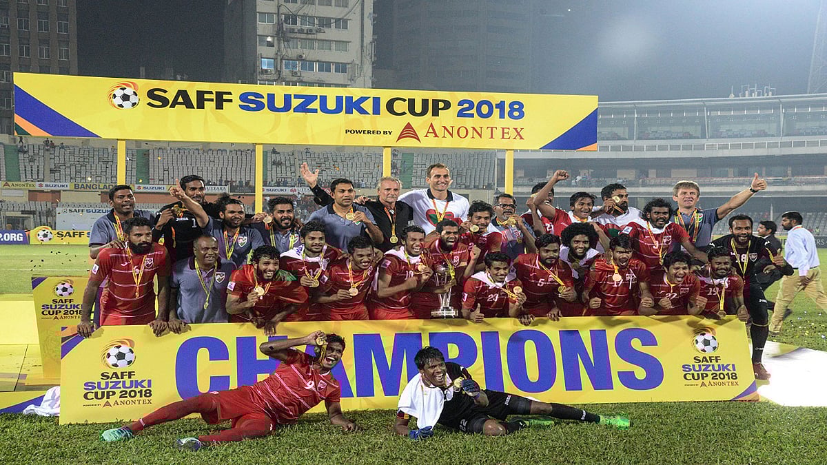 Maldives beat India in the SAFF Suzuki Cup 2018 final at the Bangabandhu National Stadium in Dhaka on Saturday. Photo: UNB