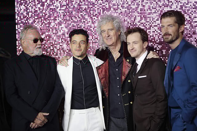 In this file photo taken on 23 October, 2018 (L-R) British musician, and drummer of the rock band Queen, Roger Taylor, US actor Rami Malek, British musician, and lead guitarist of the rock band Queen, Brian May, US actor Joe Mazzello and British actor Gwilym Lee pose on the red carpet as they arrive for the world premiere of the film `Bohemian Rhapsody` at Wembley Arena in north London. Photo: AFP