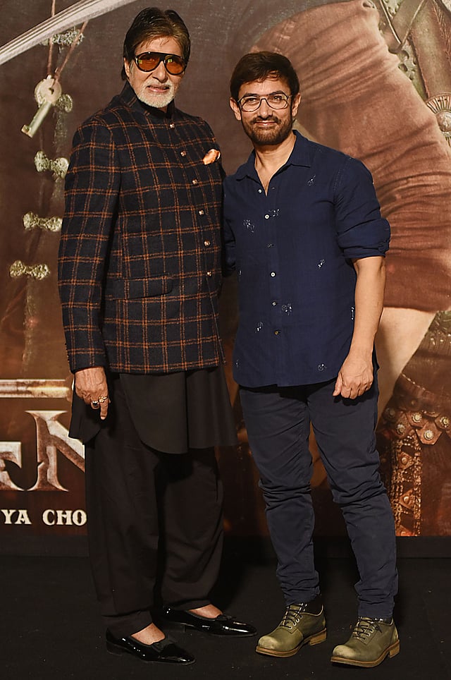 In this file photo taken on 27 September, 2018 Indian Bollywood actors Amitabh Bachchan (L) and Aamir Khan attend the trailer launch event for the Indian film `Thugs of Hindostan` in Mumbai. Photo: AFP