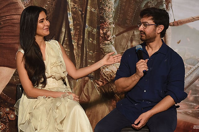 In this file photo taken on 27 September, 2018 Indian Bollywood actors Katrina Kaif (L) and Aamir Khan (R) attend the trailer launch event for the Indian film `Thugs of Hindostan` in Mumbai. Photo: AFP