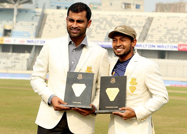 Bangladesh Cricket Board honours Tamim Iqbal, Mushfiqur Rahim, Shakib Al Hasan as they scored a total of 10,000 runs each across formats in international cricket. Shakib Al Hasan skipped the programme for personal reasons. Sher-e-Bangla National Cricket Stadium, Mirpur, Dhaka on 15 November. Photo taken from BCB Twitter page