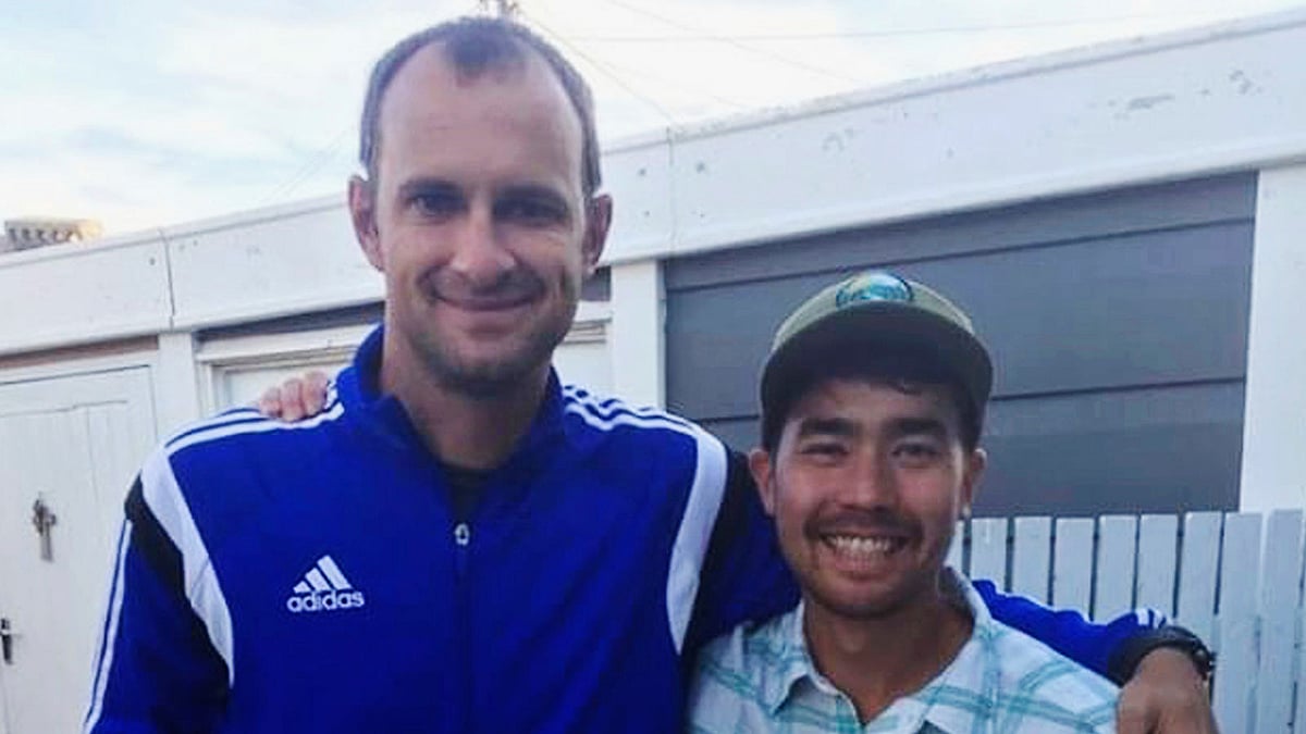 In this October 2018 photo, American adventurer John Allen Chau, right, stands for a photograph with Founder of Ubuntu Football Academy Casey Prince, 39, in Cape Town, South Africa, days before he left for in a remote Indian island of North Sentinel Island, where he was killed. Photo: AP