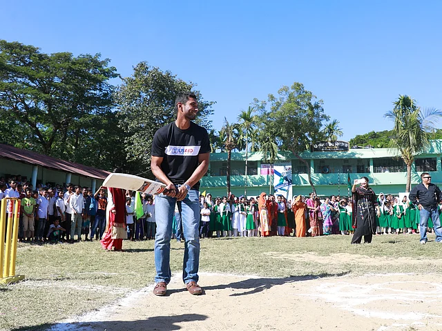 Mahmudullah Riyad playing a friendly cricket match during his visit to Chattogram as the good will ambassador of USAID. File Photo