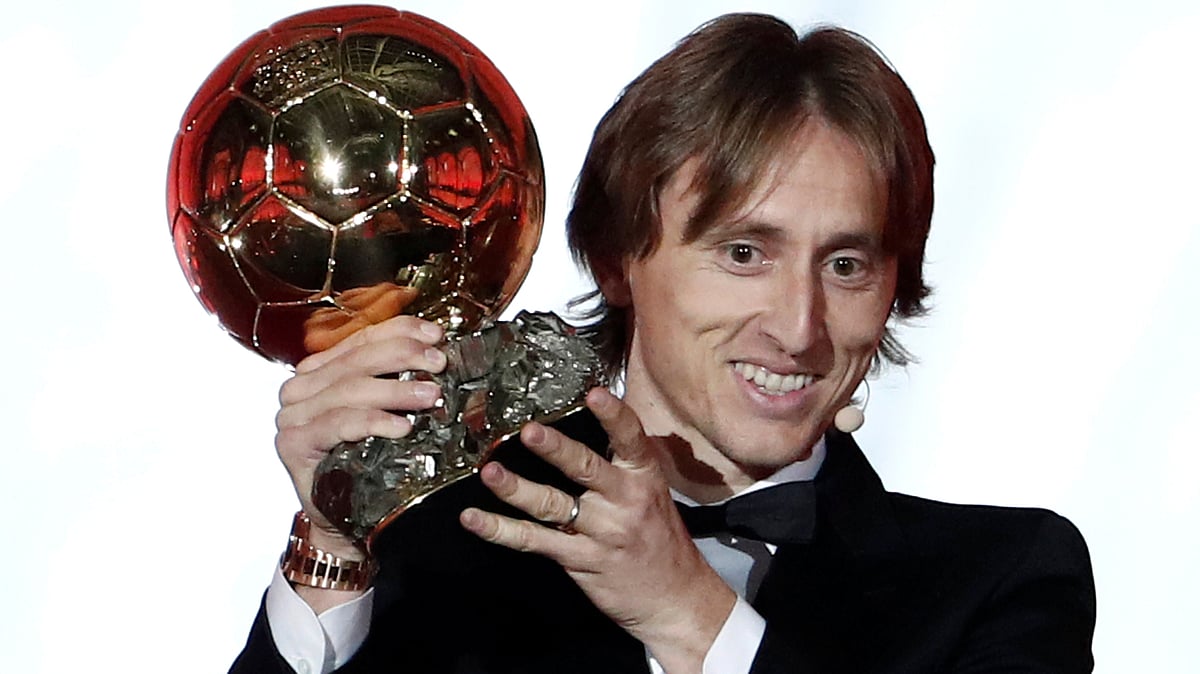 Real Madrid`s Luka Modric with the Ballon d`Or award in Paris, France on 3 December. Photo: Reuters